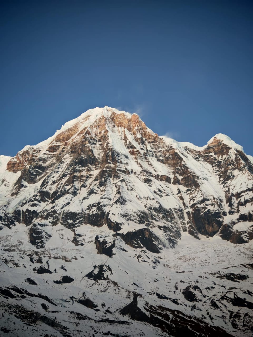 Close-up of jagged snow-covered ridge in Annapurna Sanctuary on ABC trek Nepal
