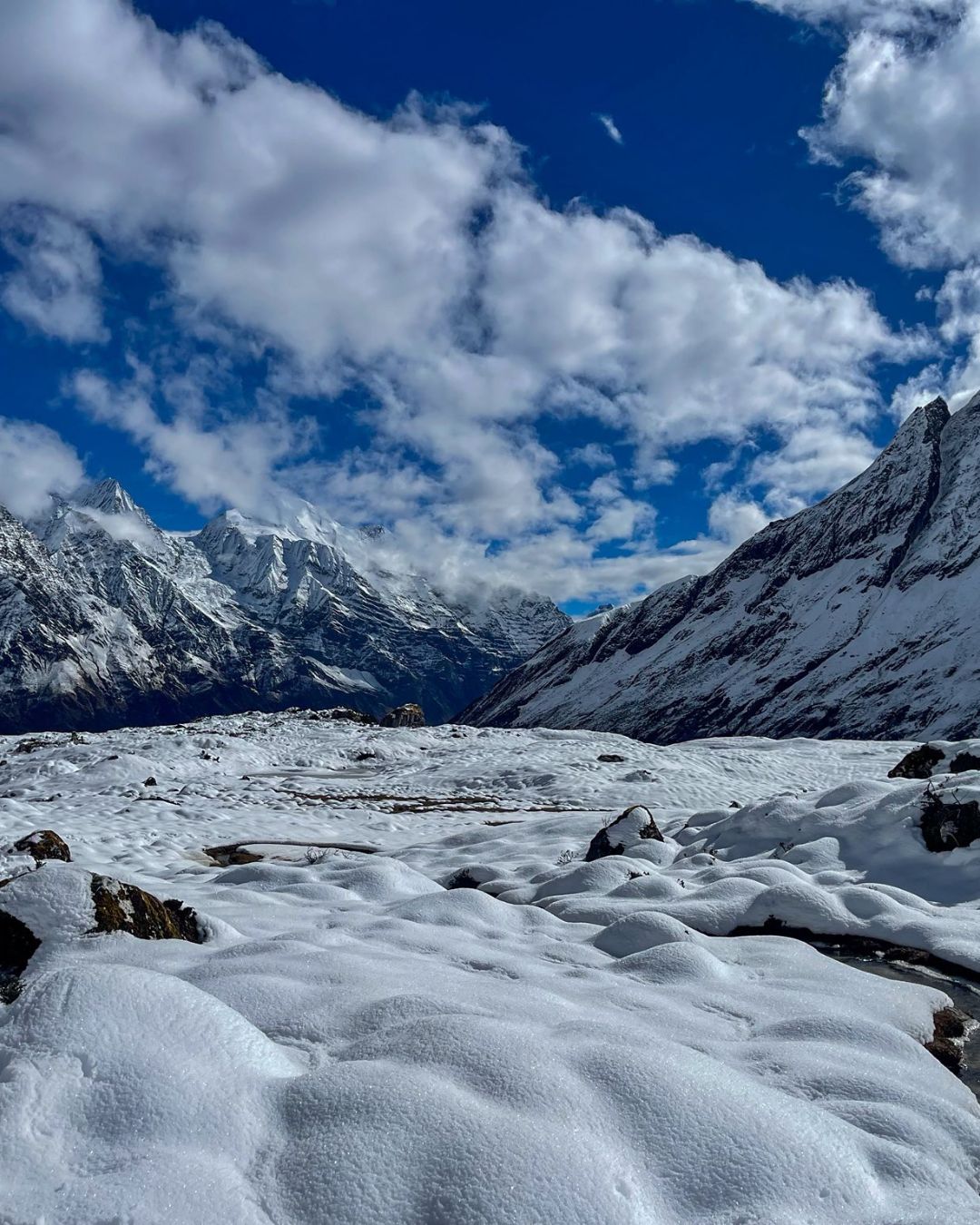 Expansive glacial valley landscape near Larkya La Pass on Manaslu Circuit Trek Nepal