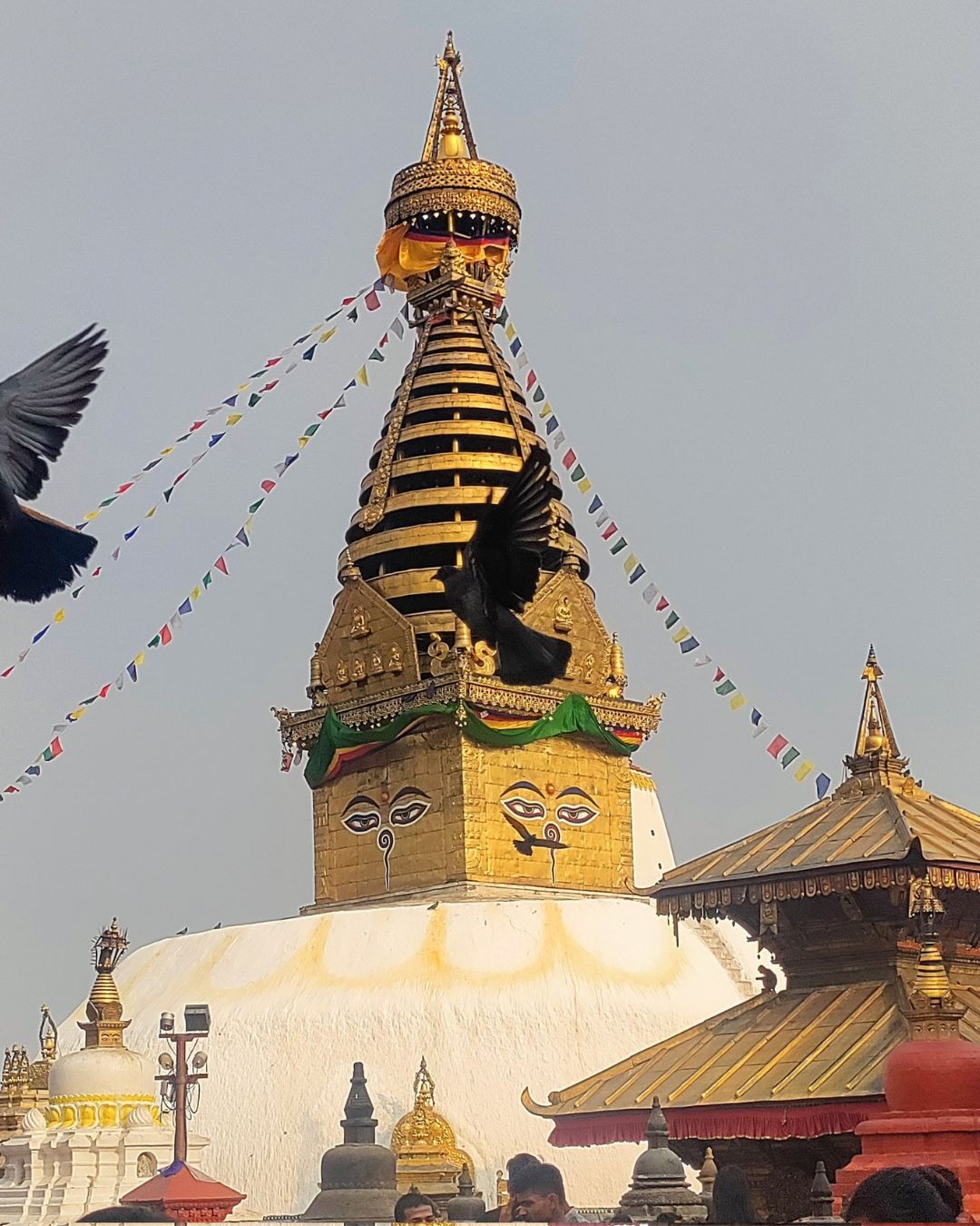 Sacred Swayambhunath Stupa with prayer flags in Kathmandu, Nepal