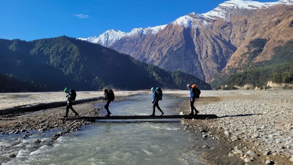 Traveler greeting locals with Namaste in Nepal