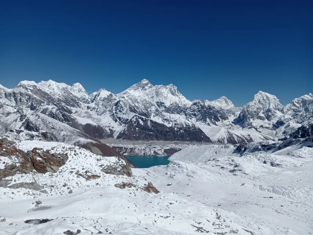 Snow-covered Himalayan mountains and high-altitude lake on Everest Three Passes Trek