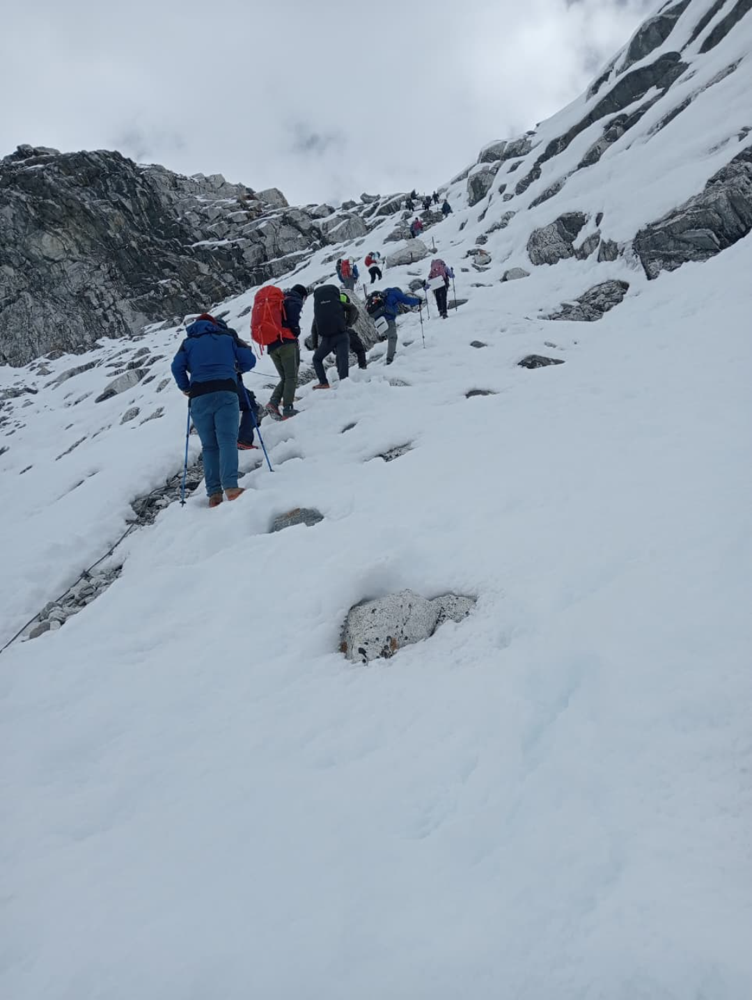 Group of trekkers walking through snow on Everest Three Passes Trek